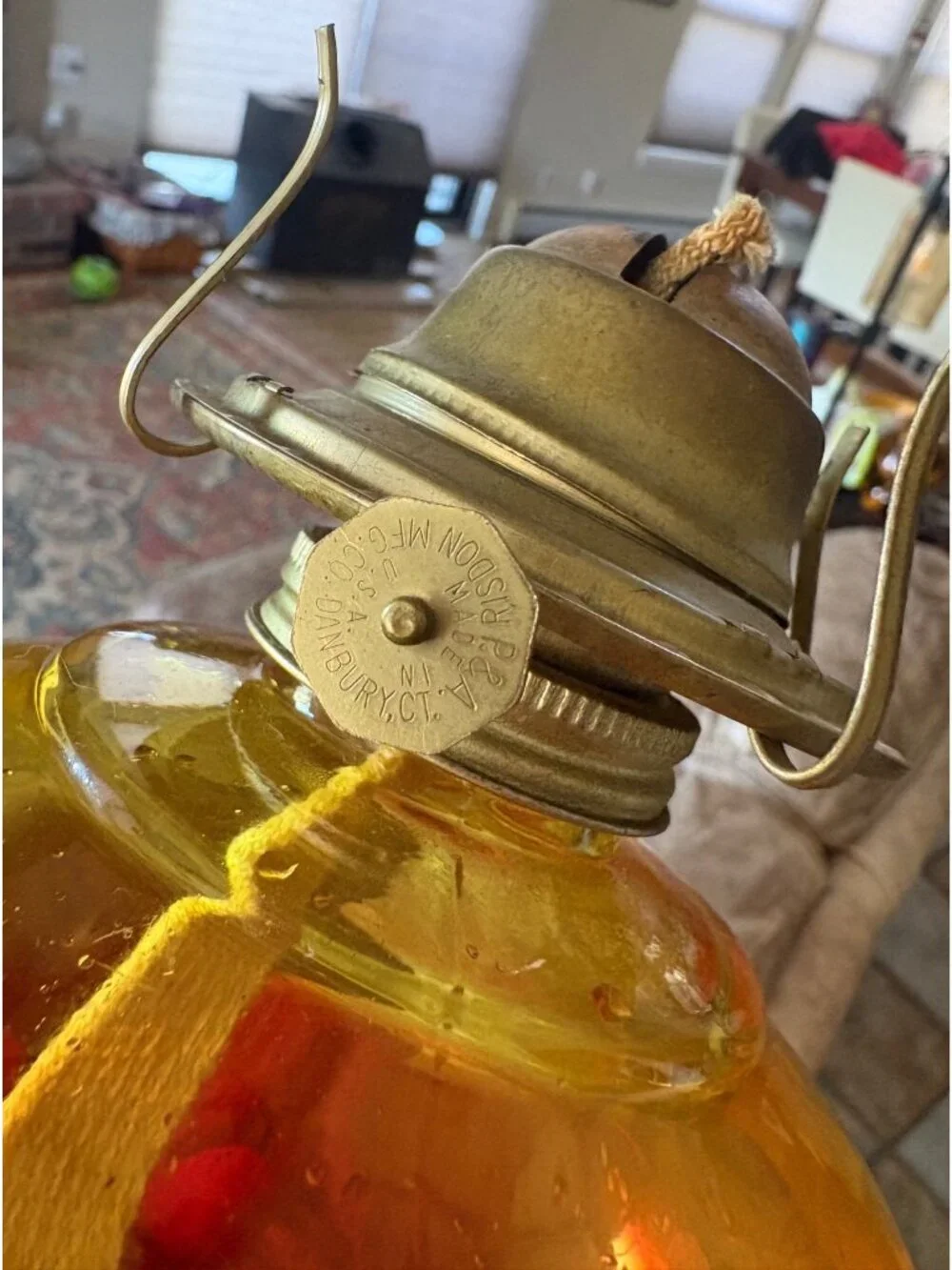 Eagle Risdon Amberina Glass Vintage Oil Lamp w/ Clear Chimney Yellow Red Ombre
